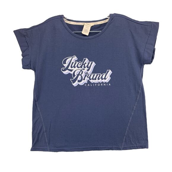 Lucky Brand Womens Shirt Size Petite Small Graphic Tee Blue Short Sleeve Logo - Picture 1 of 8